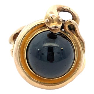 Vintage 14k Gold Victorian Revival Snake Ring With Garnet & Reliquary Back, Size 4.5 For Sale