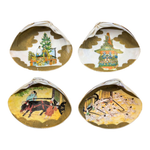 Matched Pairs of Hand-Painted Real Clam Shells – Vintage Japanese Kaiawase-Style Scenes, Set of Four (Two Pairs) For Sale