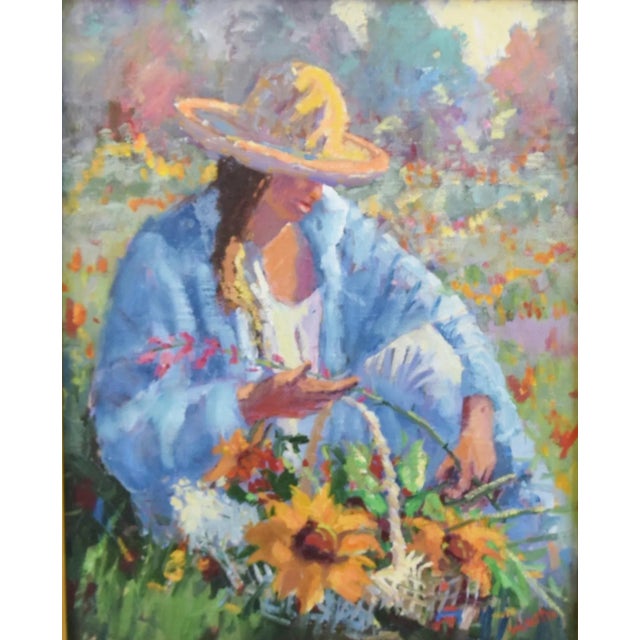 Silvio Silvestri, Listed Artist Woman Gathering Flowers Landscape Oil Painting Including the Antiqued Gold Wood Frame For Sale In Los Angeles - Image 6 of 13