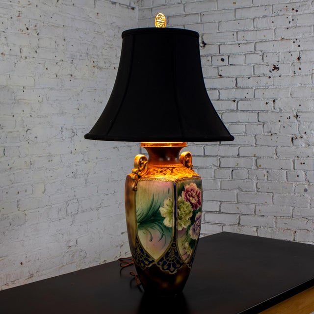 Early 20th Century Floral Table Lamp Hand Painted Porcelain Style of Royal Nippon Black Bell Shade For Sale - Image 18 of 18