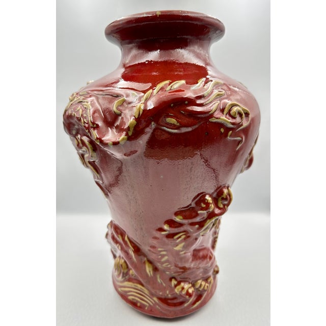 Chinese Vintage Sang De Boeuf Oxblood Glaze Ceramic Vase With Twin Dragons For Sale - Image 4 of 11