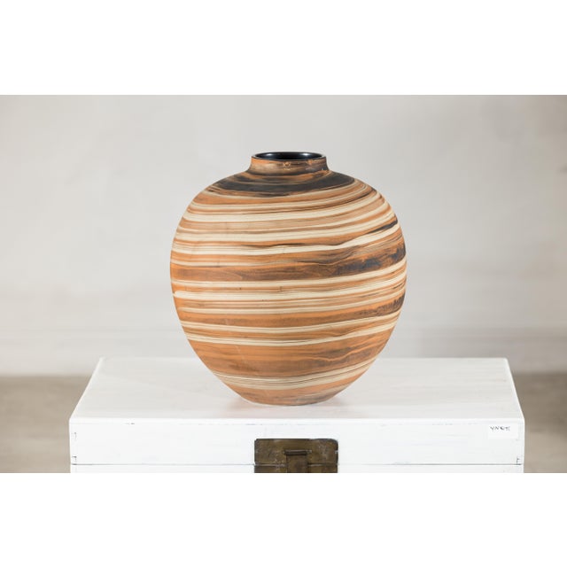 Artisan Hand-Thrown Ceramic Vase with Layered Earth-Tone Slip Decoration For Sale In New York - Image 6 of 18