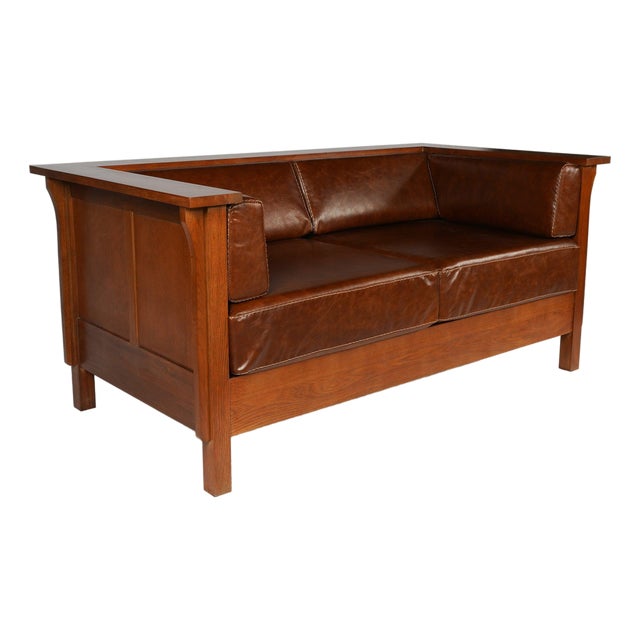 Craftsman Cubic Panel Side Love Seat - Chestnut Brown Leather For Sale