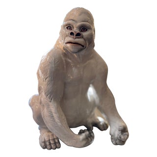 Seated Gorilla Sculpture in White Ceramic by Ronzan, 1950s For Sale