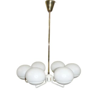 Chandelier in White Metal and Brass with 6 Opal Glass Domes, 1960s For Sale