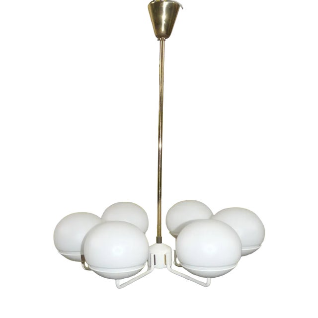 Chandelier in White Metal and Brass with 6 Opal Glass Domes, 1960s For Sale