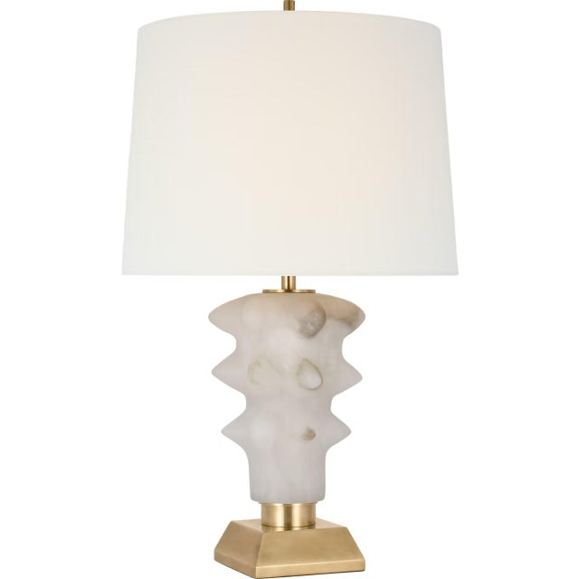 Transitional Thomas O'Brien by Visual Comfort Signature Luxor Medium Table Lamp in Alabaster and Hand-Rubbed Antique Brass with Linen Shade For Sale - Image 3 of 3