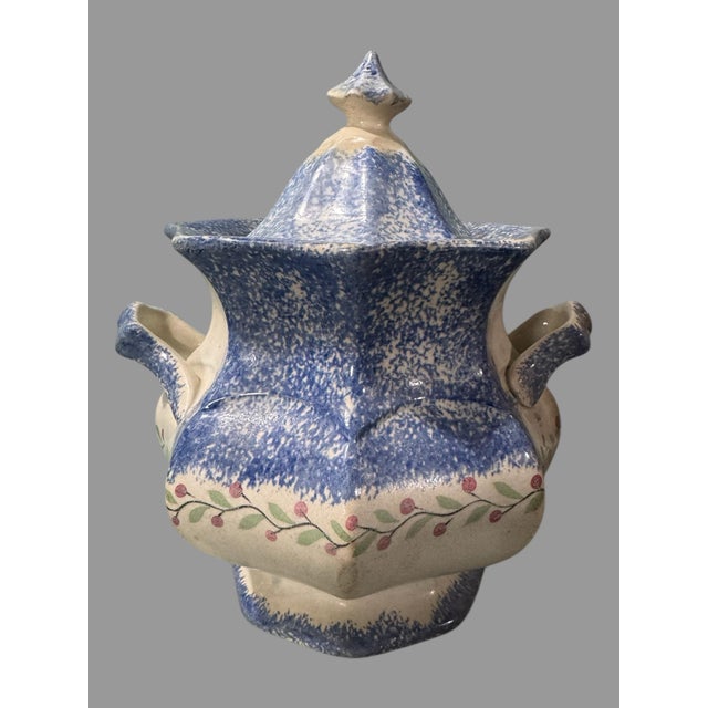 Ceramic Antique English Spongeware Spatterware Decorated Covered Sugar Bowl With Handles For Sale - Image 7 of 7