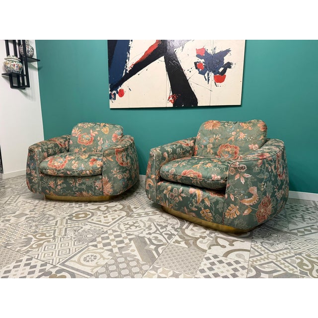 Art Deco Chairs in Floral Silk Fabric with Brass Base, 1940, Set of 2 For Sale - Image 16 of 17