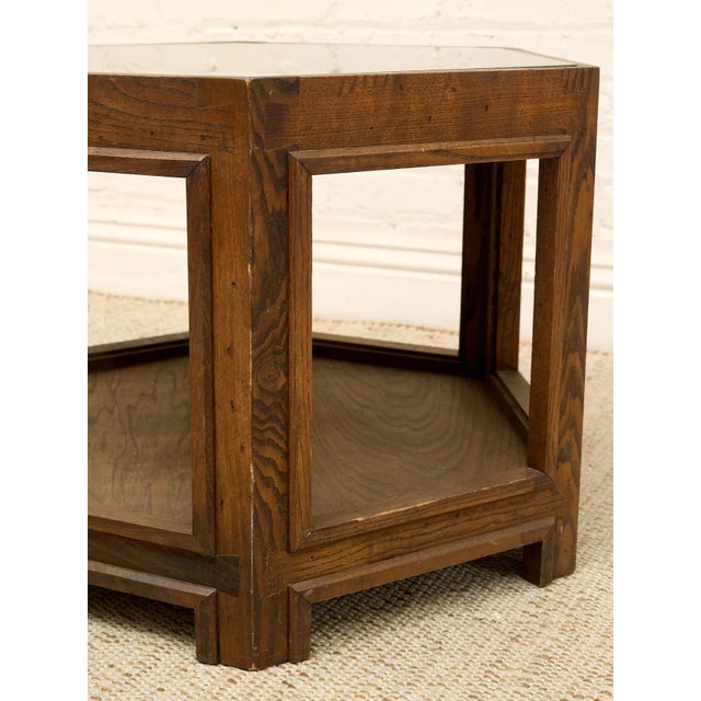 Auburn Vintage Hexagonal Wood Side Table With Glass Top For Sale - Image 8 of 9