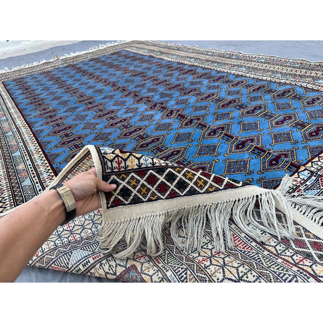 Fine Quality Blue Turkmen Bokhara Hand-Knotted Wool Rug - 6'7" X 9'7" For Sale - Image 4 of 11