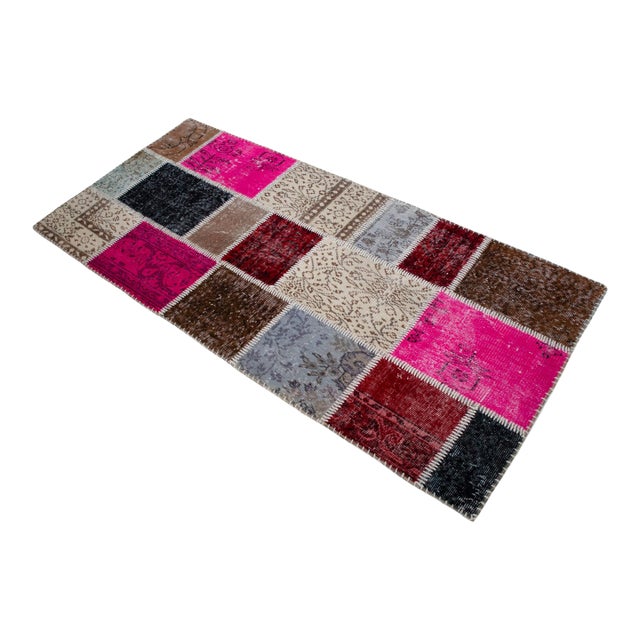 Hand-Knotted Turkish Rug Handstitched Vibrant Pink & Red Floor Art Room Decor - 2'11" X 6'5" For Sale