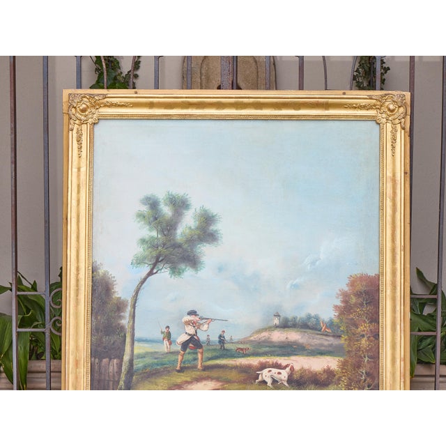 19th Century English Gilt Trumeau Mirror with Hunting Scene Oil Painting For Sale In Atlanta - Image 6 of 12