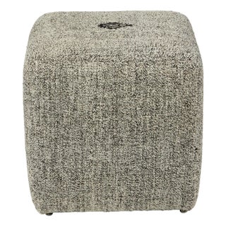 Custom 18" X 18" X 18" Cube Stool, Upholstered in a Vintage Black + Cream Wool Rug, Turkey For Sale