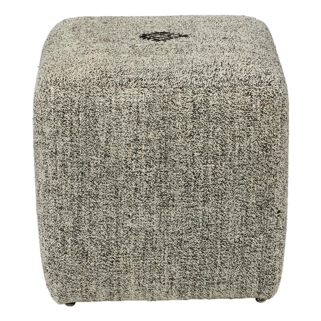 Custom 18" X 18" X 18" Cube Stool, Upholstered in a Vintage Black + Cream Wool Rug, Turkey For Sale