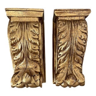 Set of 2 Solid Wood Gold Gilt Hand Carved Corbels Wall Bracket Shelves For Sale