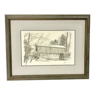 Mid-Century Americana Rustic Lithograph From Pencil Drawing, Covered Bridge Framed. For Sale