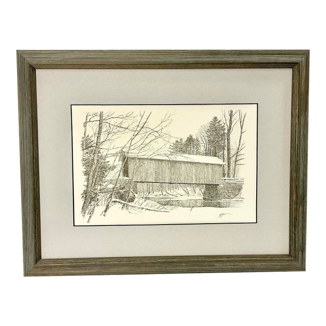 Mid-Century Americana Rustic Lithograph From Pencil Drawing, Covered Bridge Framed. For Sale