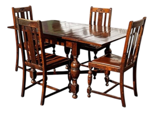Vintage Extending Oak Draw Leaf Table and Chairs, 1920s, Set of 5