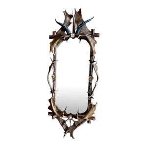 1900s Old German Antler Mirror With Horns, Antlers and Carved Rosettes
