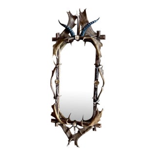 Antique German Antler Mirror With Carved Dog and Rosettes, Trophy-Style For Sale