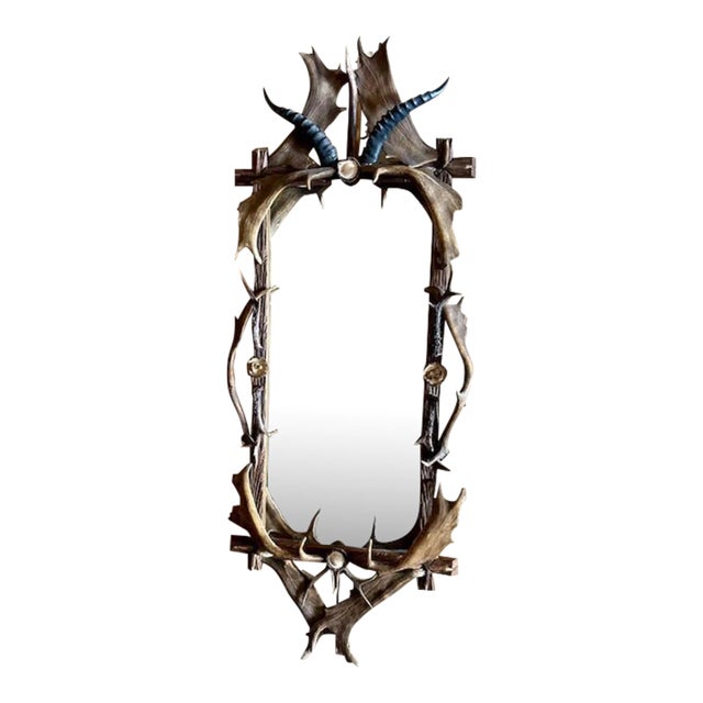 Antique German Antler Mirror With Carved Dog and Rosettes, Trophy-Style For Sale