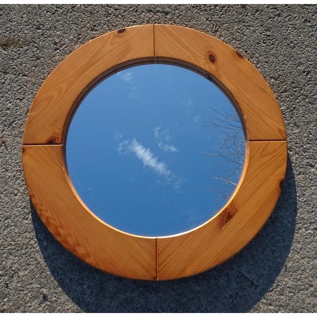 Wood Large Mid-Century Scandinavian Pitch Pine Round Wall Mirror For Sale - Image 7 of 7