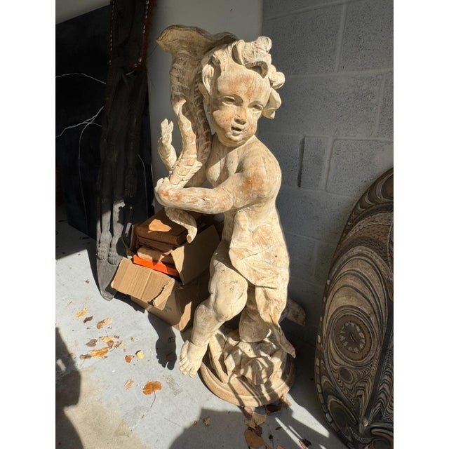 Rococo Large Hand-Carved Wooden Cherub Statue, 18th-19thc. Ecclesiastical Carving For Sale - Image 3 of 4