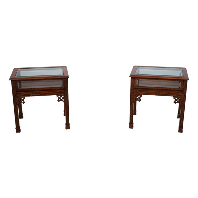 Pair of Chippendale Mahogany Glass Top Showcase End Tables For Sale