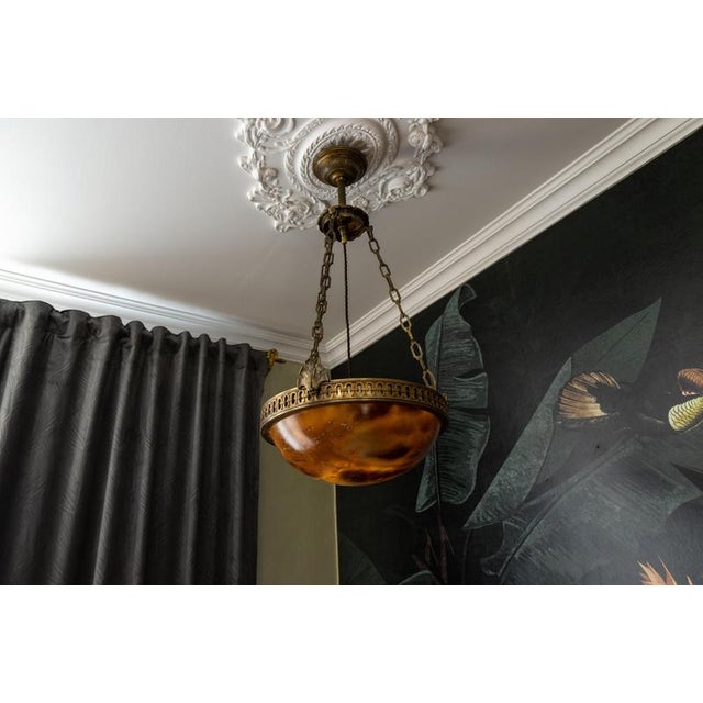 French Art Deco Alabaster and Bronze Pendant Light, 1920s For Sale - Image 3 of 18