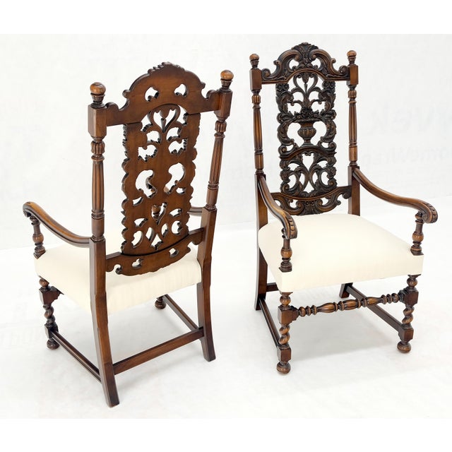 Wood Pair of Carved Walnut Tall Backs New Upholstery Fireside Arm Side Chairs MINT! For Sale - Image 7 of 13