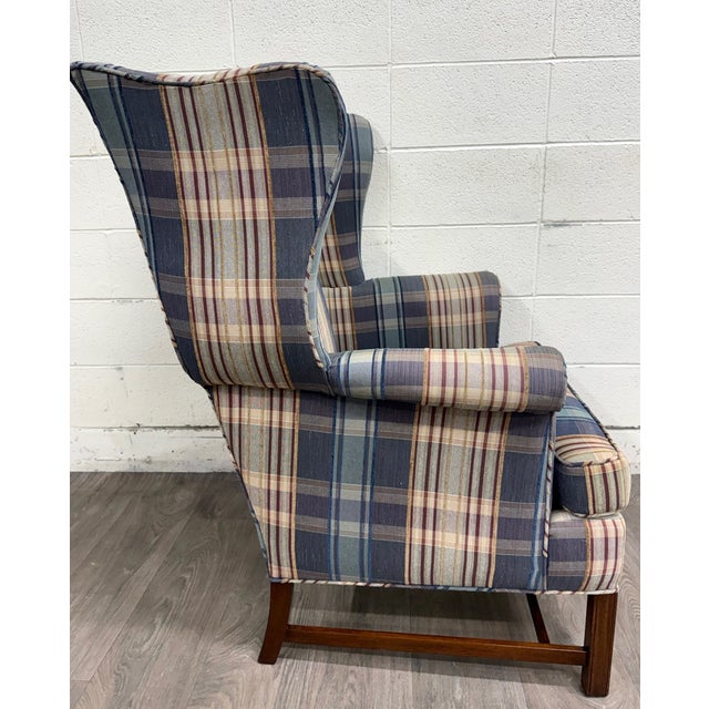 Blue Vintage Wingback Plaid Upholstered Armchair For Sale - Image 8 of 11