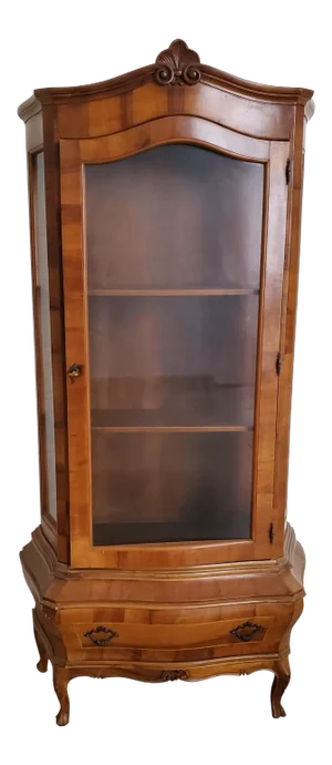 1960s Vintage Italian Walnut Bombe Bow Glass Curio Vitrine Cabinet