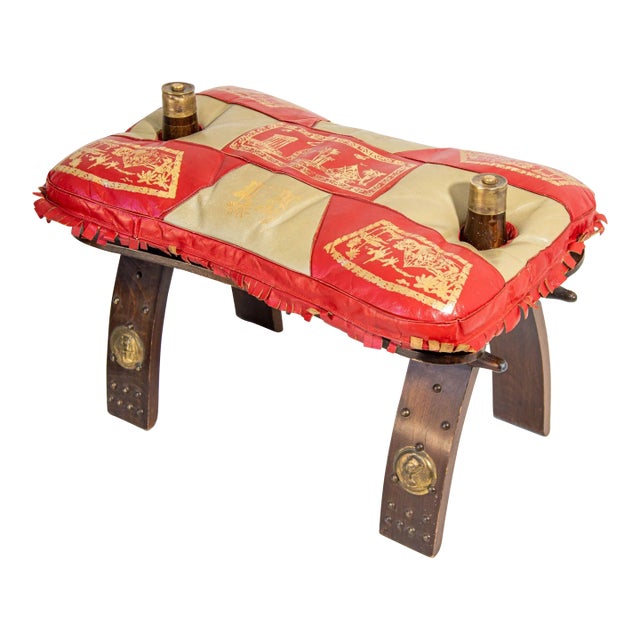 1950s Egyptian Ottoman Camel Saddle Stool With Red and Gold Cushion For Sale