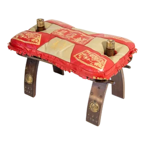 1950s Egyptian Ottoman Camel Saddle Stool With Red and Gold Cushion
