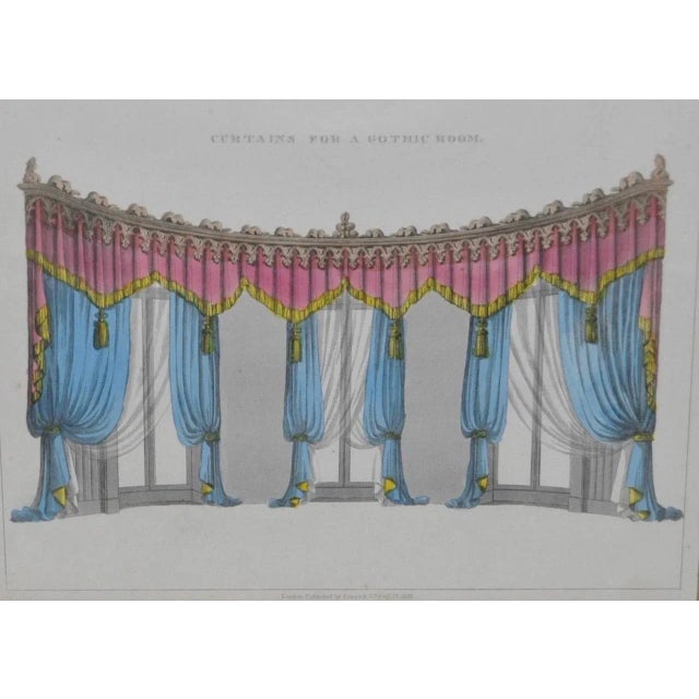 Traditional Traditional Interior Design Hand Colored Engraving "Gothic Room Curtains" c.1826 For Sale - Image 3 of 8