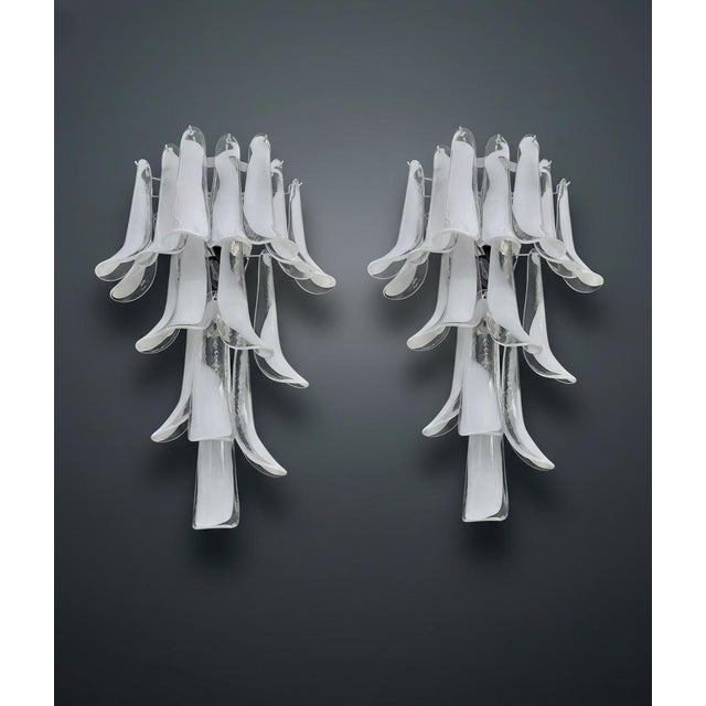 Mid-Century Modern Vintage Italian Lattimo Murano Glass Petals Wall Lights, 1990, Set of 2 For Sale - Image 3 of 16