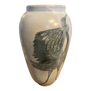 Stamped Vintage Large Hand Painted Bird Pottery Vase