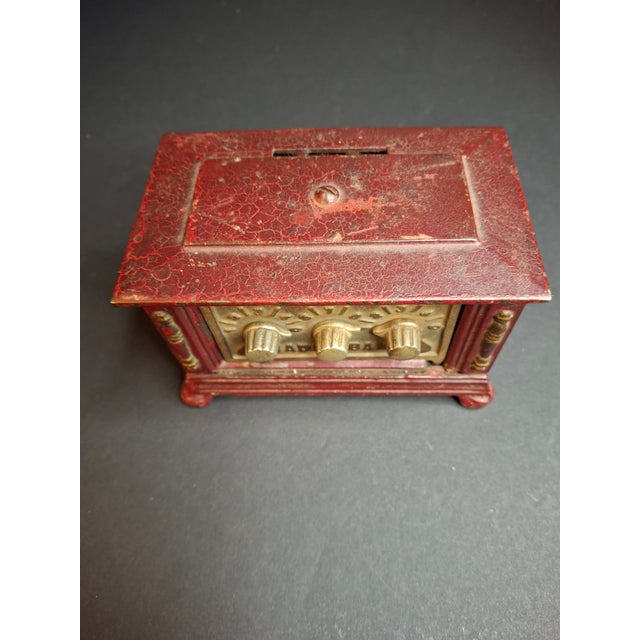 Antique Kenton Toys Cast Iron Radio Bank 1920s Small 3-Dial Safe Red Paint For Sale - Image 4 of 15