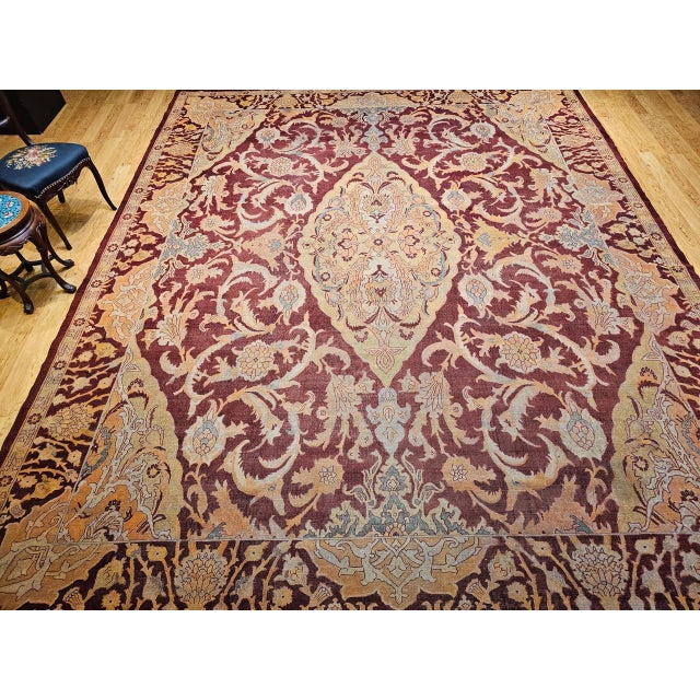 19th Century Handwoven Amritsar Rug, Handwoven Wool, Mughal Design, Burgundy & Tan, 12' X 14' For Sale - Image 11 of 18