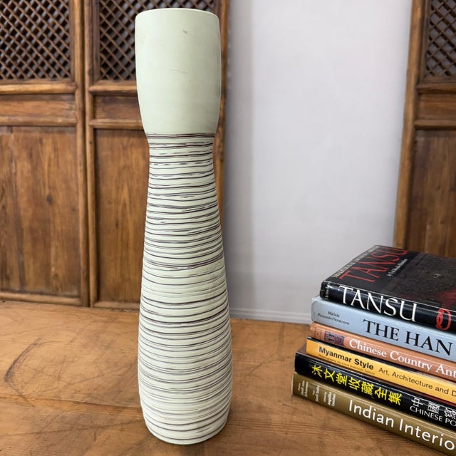 Rustic Tall White Ceramic Prem Vase with Brown Swirls For Sale - Image 3 of 9