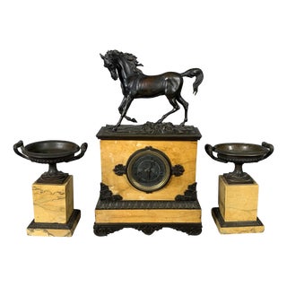 Charles X Style Mantelpiece Set with Horse Clock and Casseroles, 1830, Set of 3 For Sale