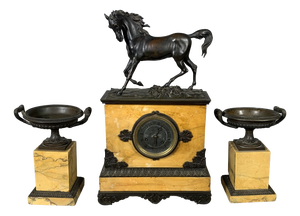 Charles X Style Mantelpiece Set with Horse Clock and Casseroles, 1830, Set of 3