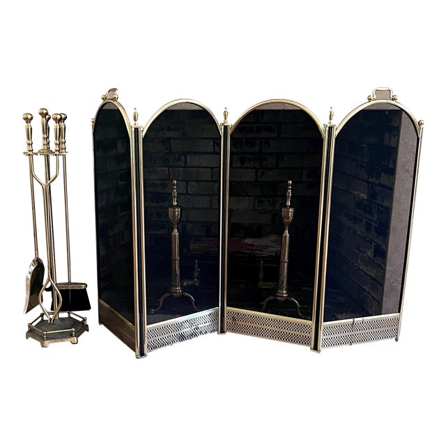 Vintage Brass Fireplace Screen, Andirons & Tools Set- 8 Pieces For Sale