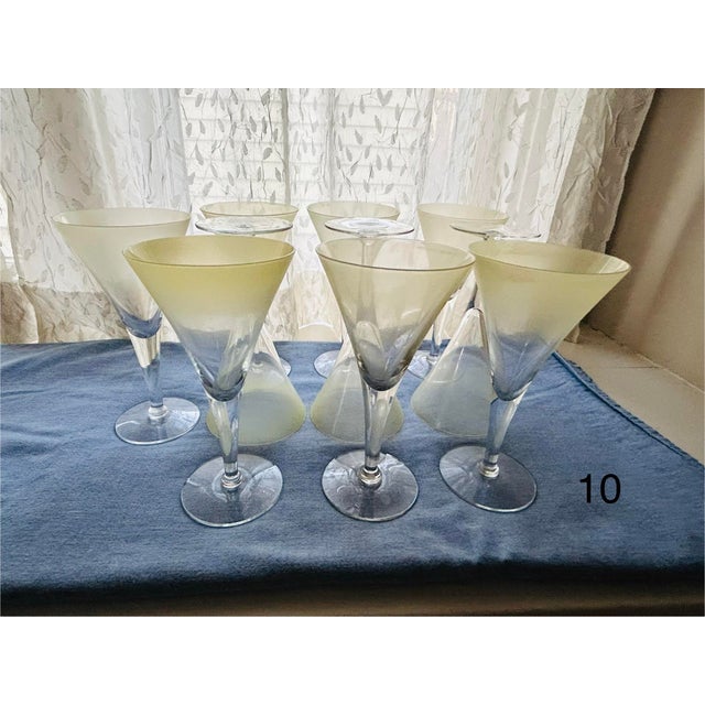 10 Dorothy Thorpe mid-century modern, vintage V-shaped, yellow satin, martini cocktail glasses.