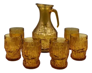 Vintage Juice Jug in Amber Glass with Glasses, 1970s, Set of 7