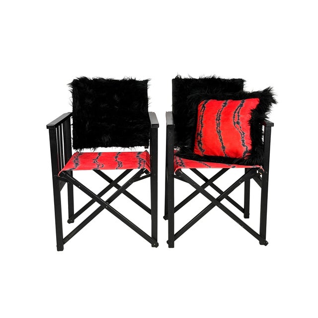 Mid-Century Modern Vintage 1980s Pair of (2) Danish Folding Armchairs / Directors Chairs Set by Hyllinge Møbler - Red Flame Velvet & Black Faux Fur Upholstery For Sale - Image 3 of 18