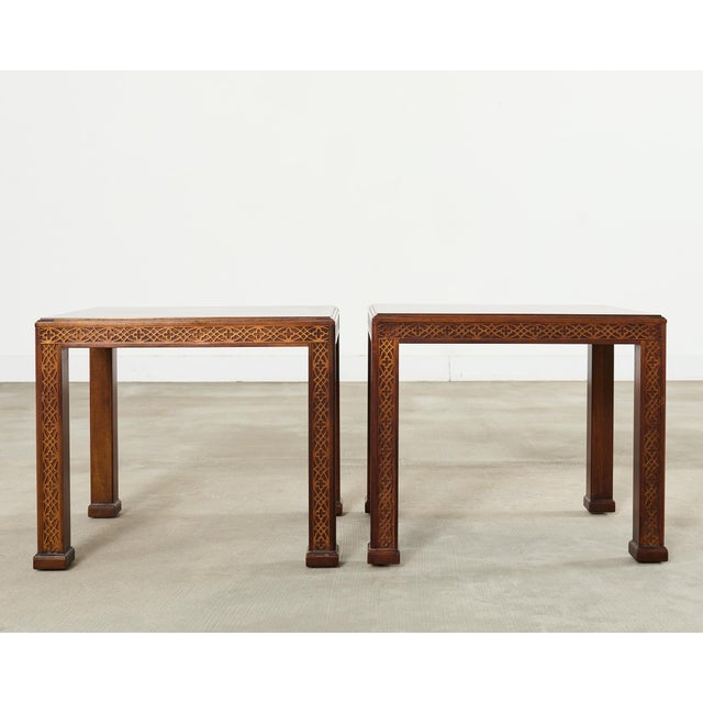 Late 20th Century Pair of Henredon Chinese Chippendale Mahogany Side End Tables For Sale - Image 5 of 18