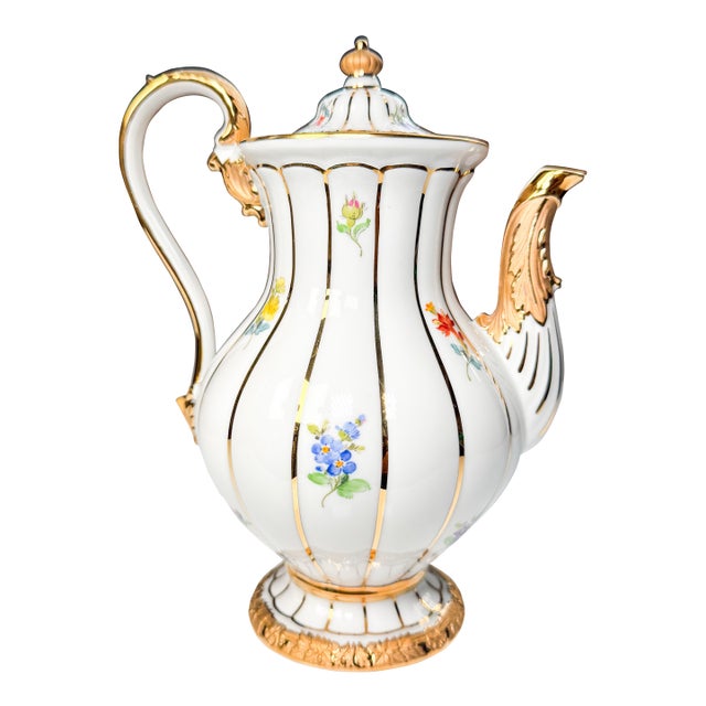 Vintage Meissen Porcelain Gilt Floral Tea Pot For Sale