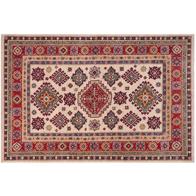 Beige Boheo Chic Kazak Tribal Beige/Red Wool Rug - 4'0''x6'0'' For Sale - Image 8 of 10